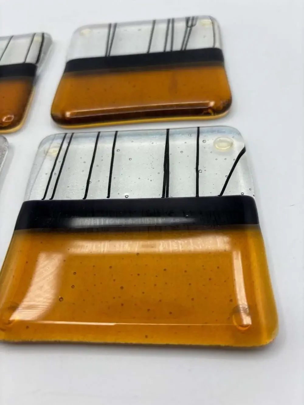 Set of 4 Handcrafted Fused Art Glass Coasters with Birch Tree Motif in Amber and